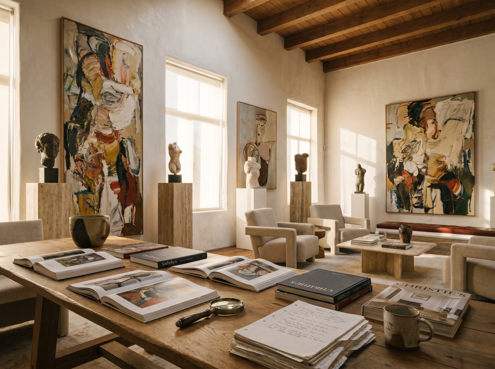 Artist studio with easel, paintings in progress, and natural light from large window