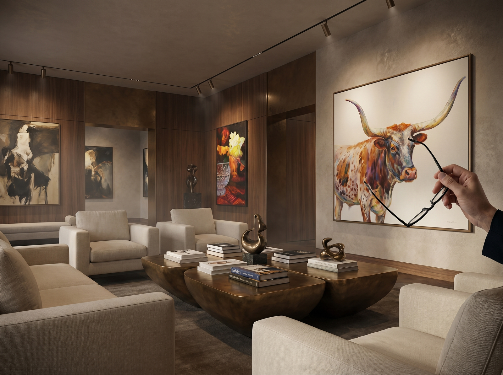 Art fair with gallery booths, collectors browsing paintings, and silhouetted figures