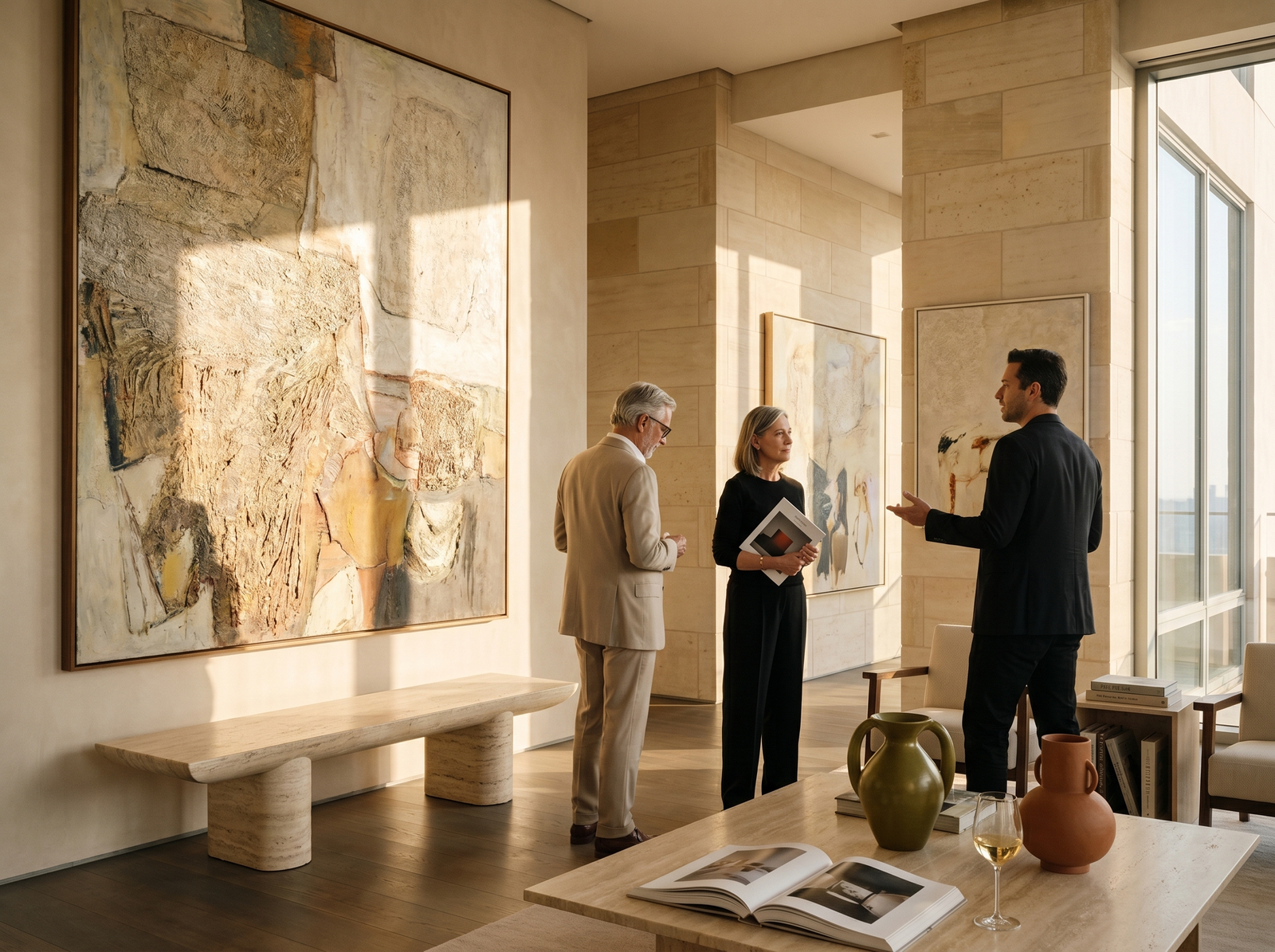 Private art gallery interior with contemporary paintings lit by spotlights