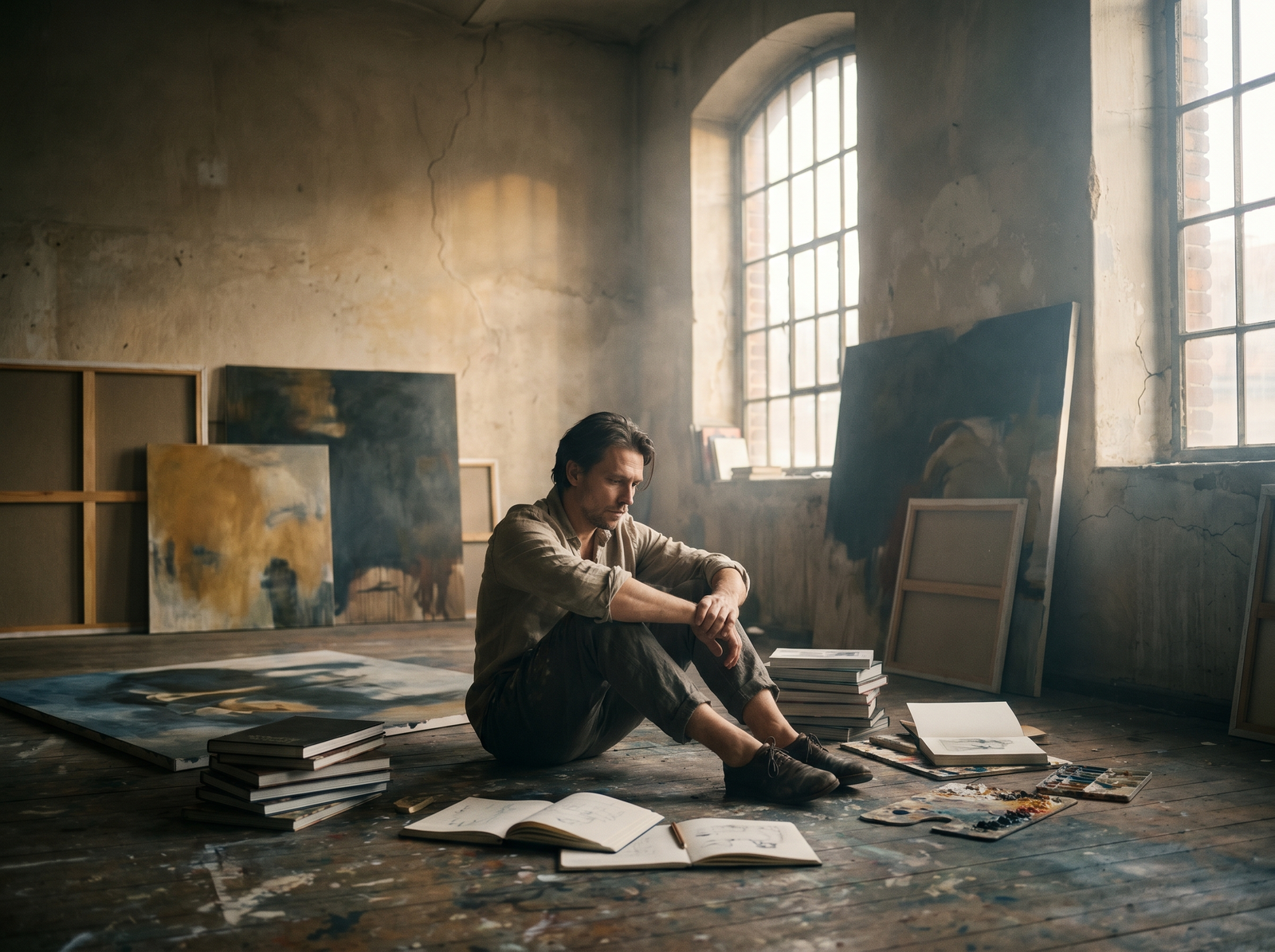 challenges facing artists — a painter alone in their studio confronting creative and financial pressures