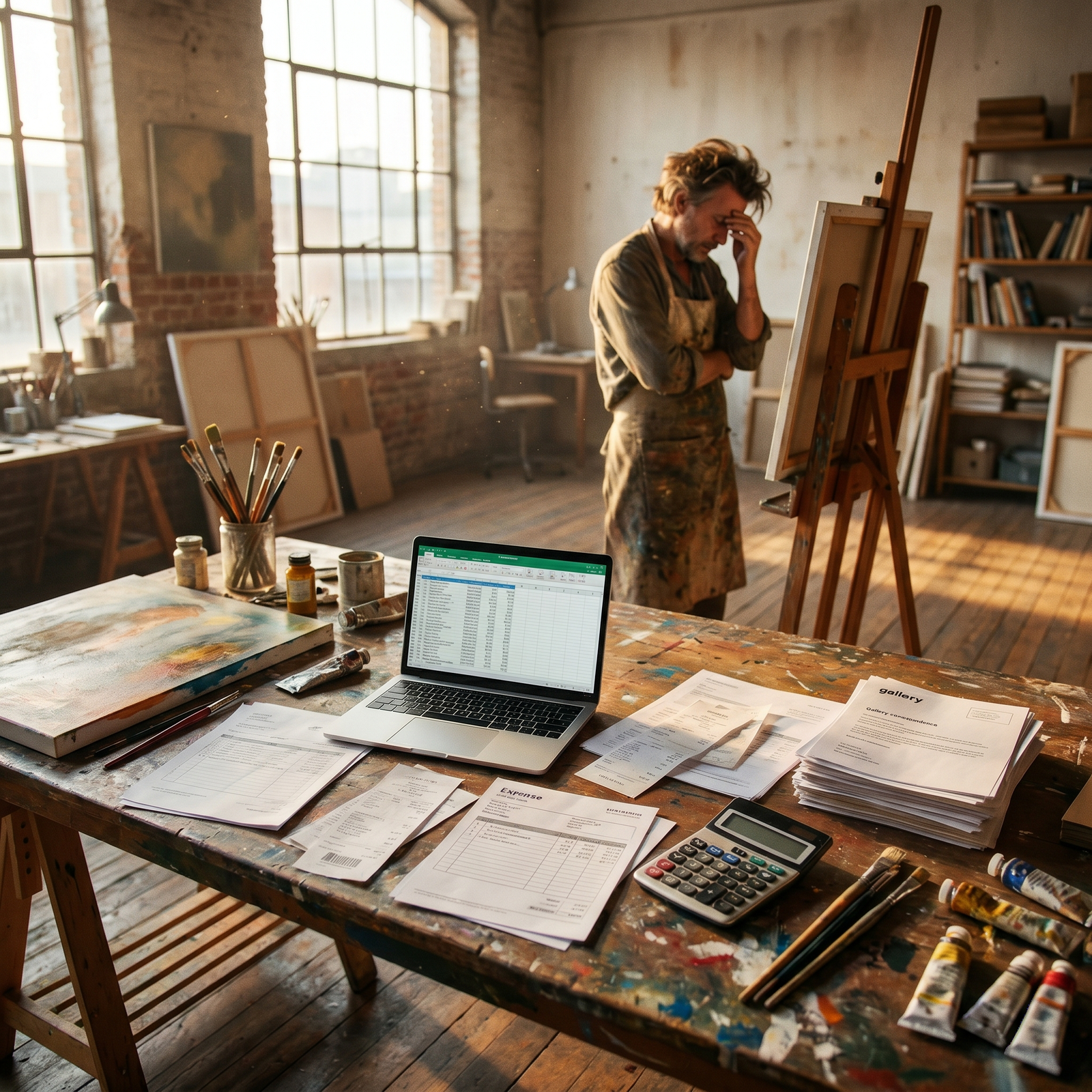 artist managing cashflow and financial challenges — paint-stained desk with invoices and budget notes