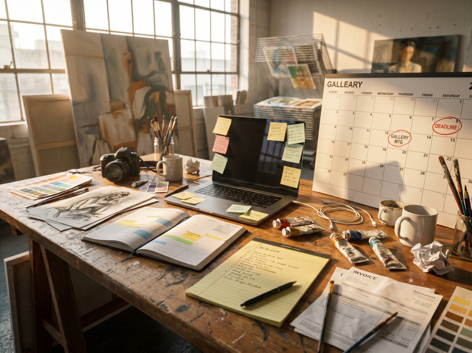 artist time management challenge — weekly planner on a creative desk with studio and admin sessions scheduled