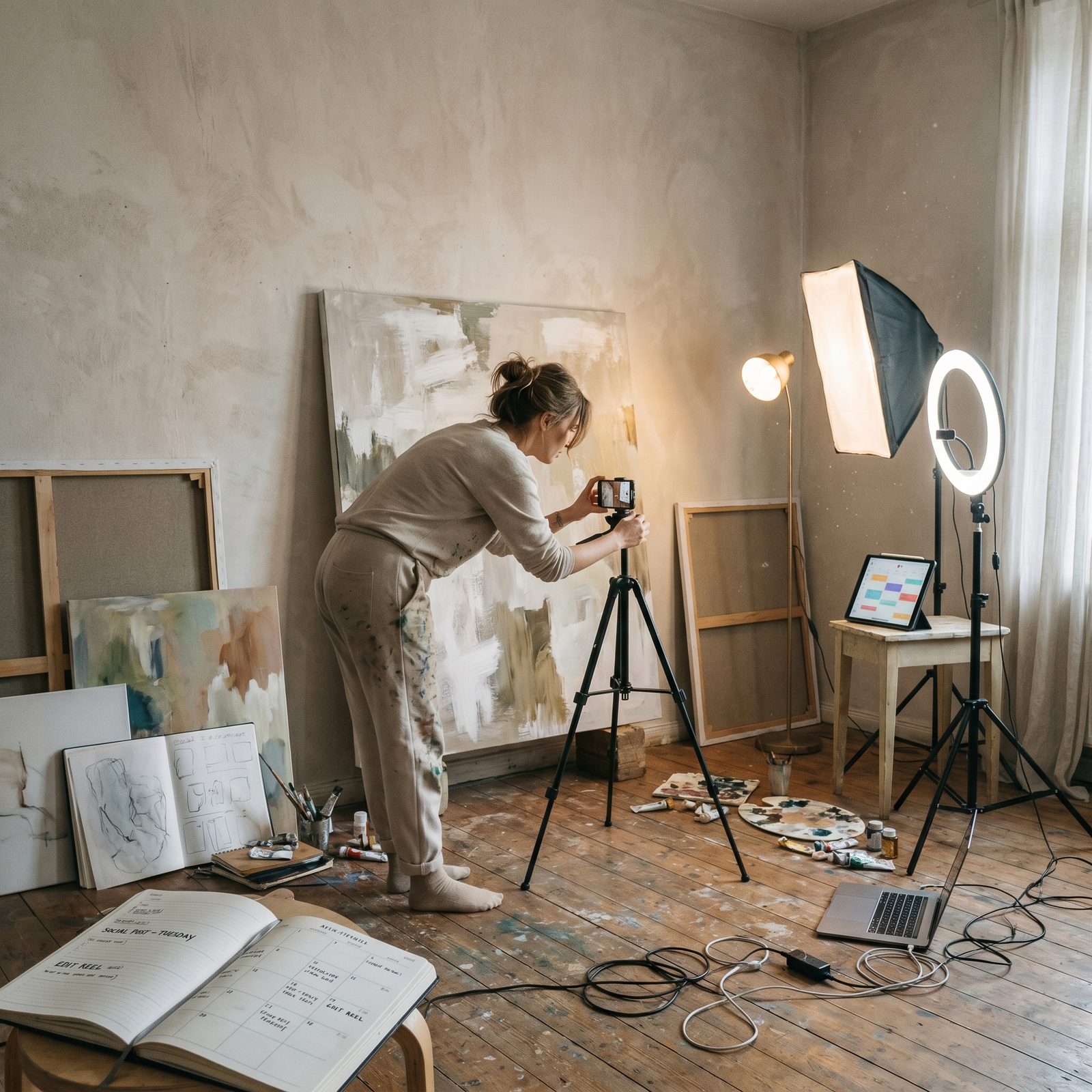 artist navigating social media visibility challenge — photographing artwork with smartphone for online presence