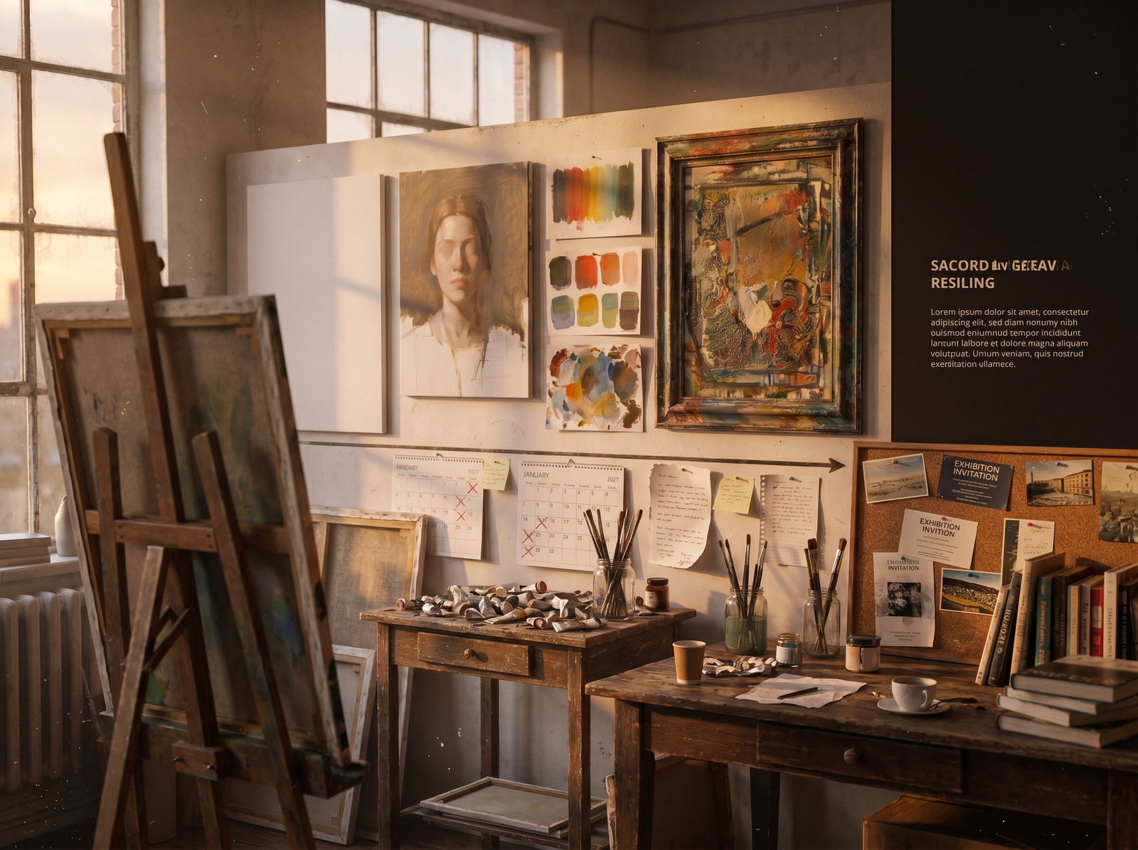 artist studio showing long-term practice and career resilience — multiple canvases at different stages of completion