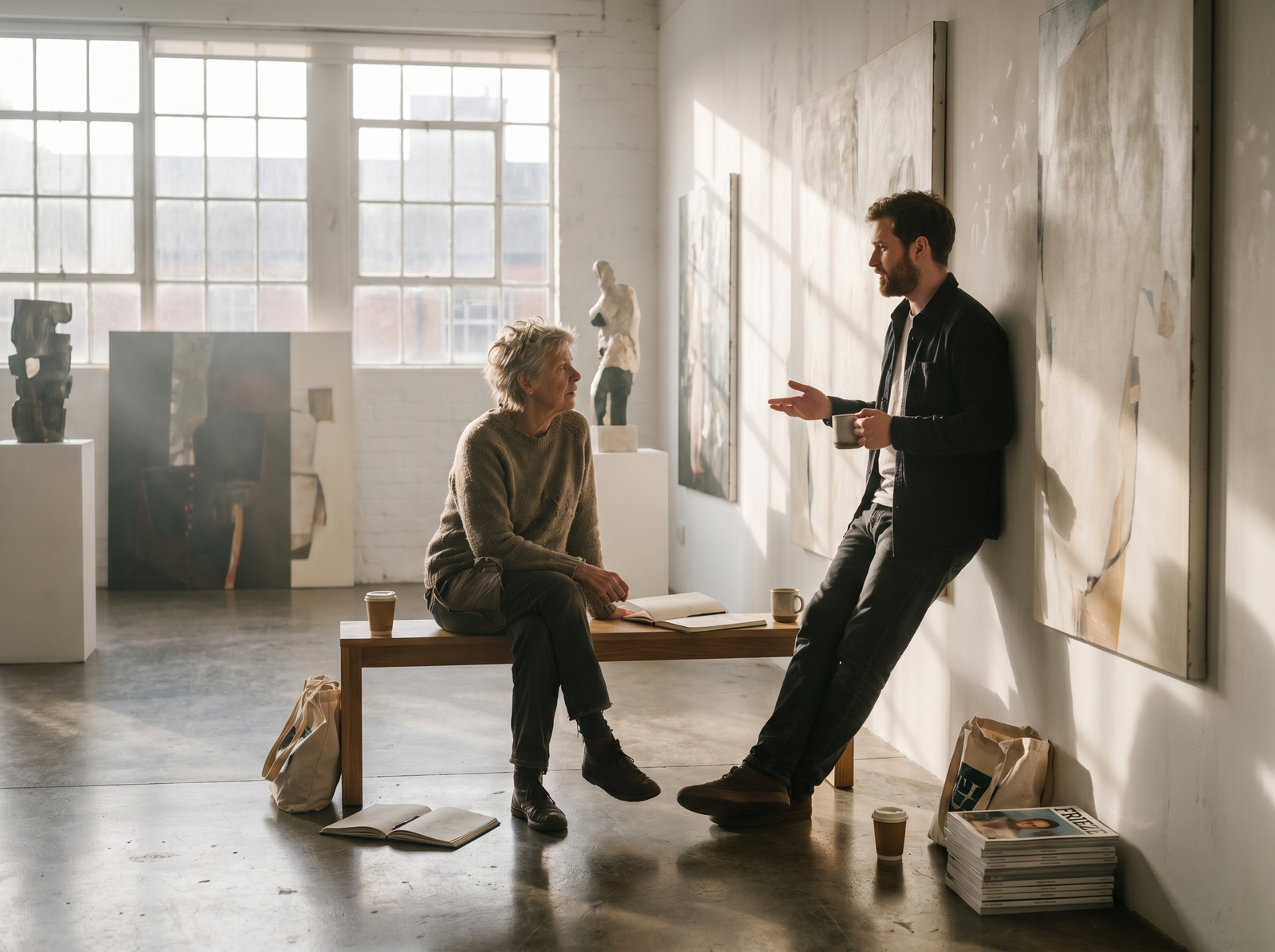 two artists in conversation about challenges facing artists — candid gallery setting with natural light