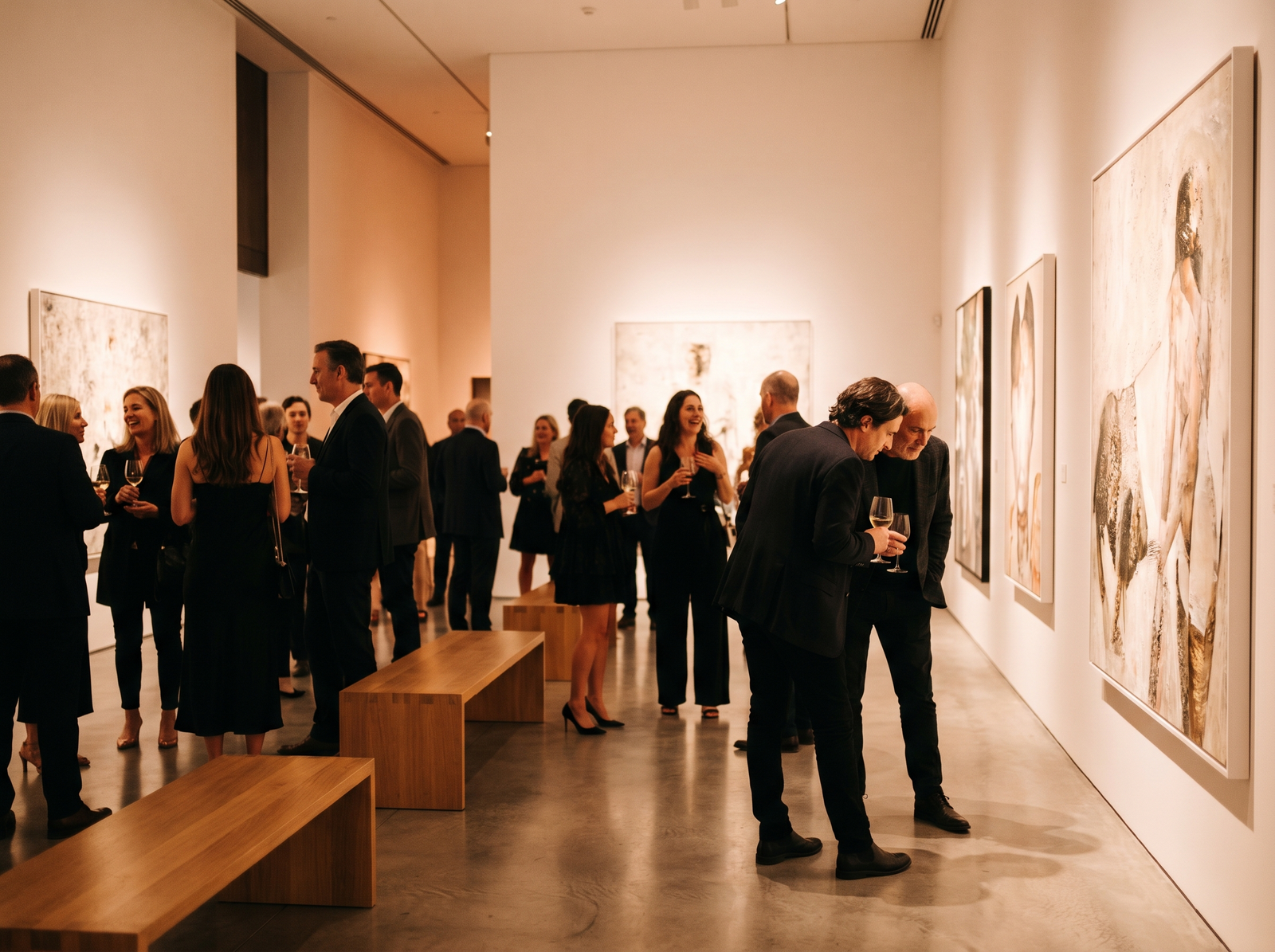 art gallery opening night 2026 — artists and collectors gathered around contemporary work