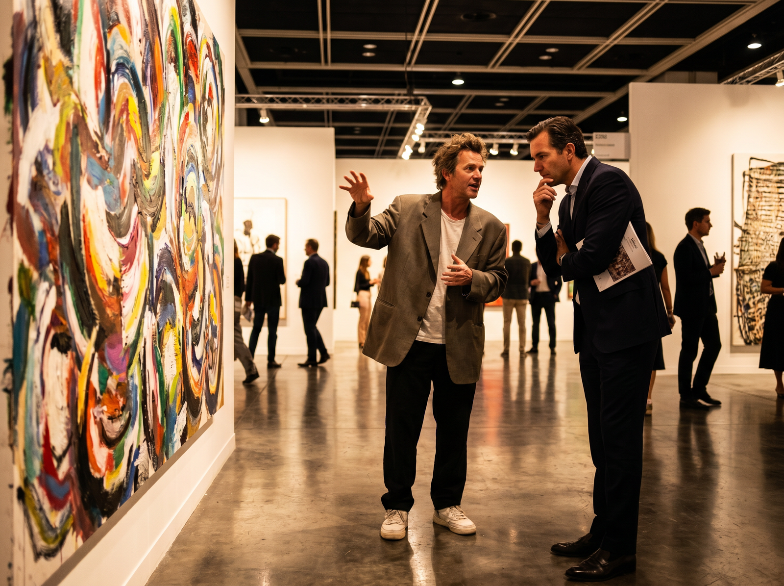 art collectors buy stories — collector in conversation with an artist at a gallery opening 2026
