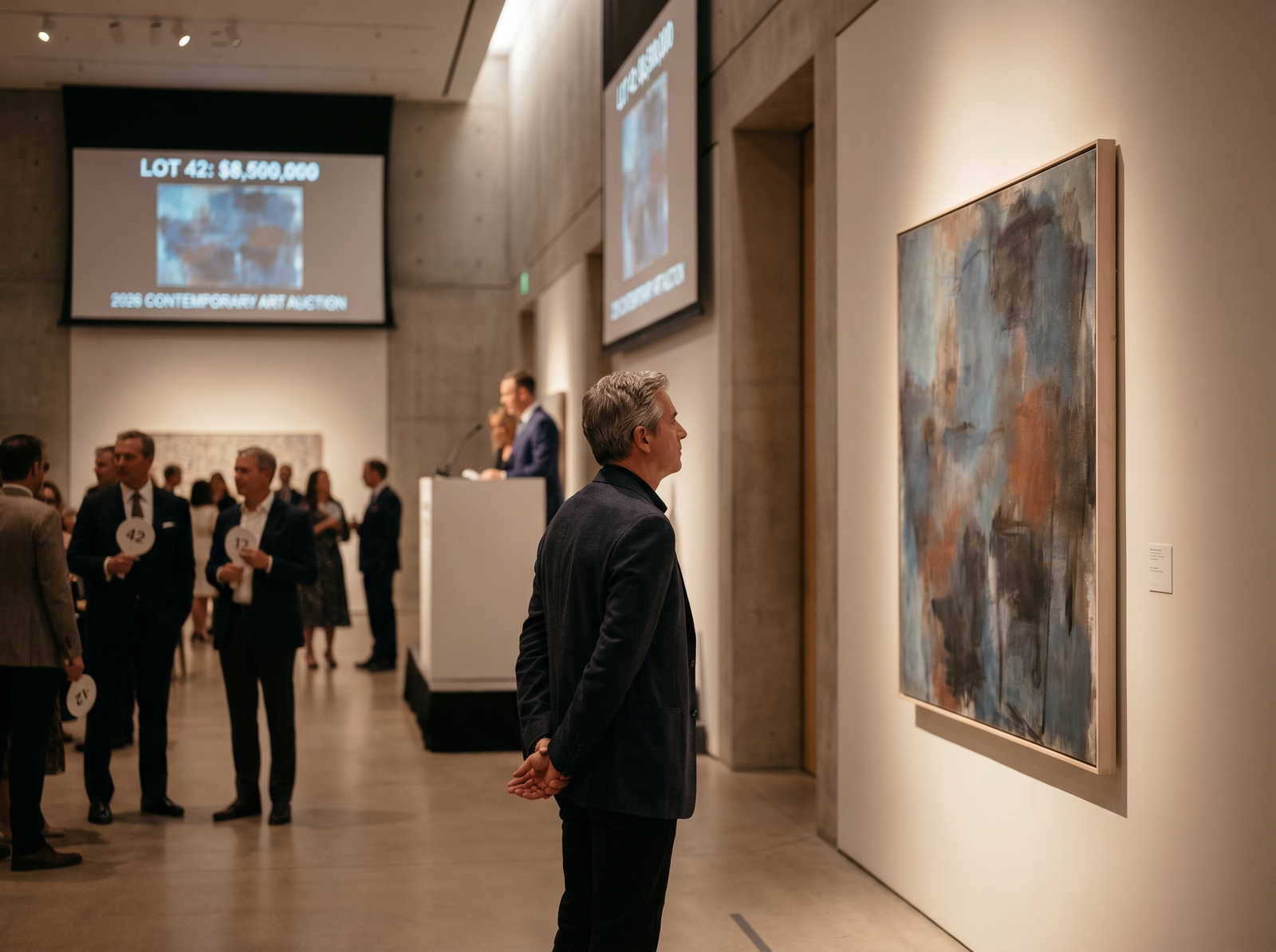 art collector examining a painting at auction — the story behind each work drives the buying decision in 2026