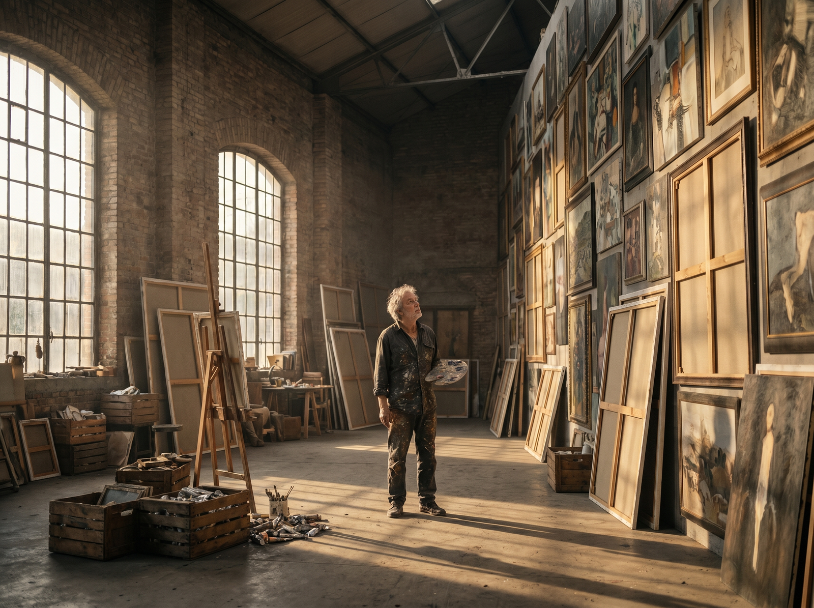 why most artists never sell — talented painter in studio surrounded by unsold canvases