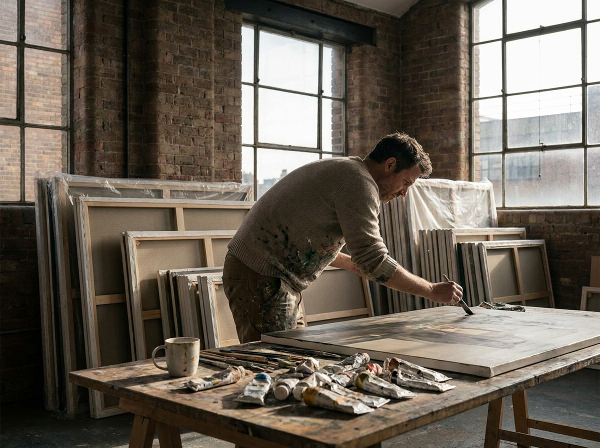 artist waiting to be discovered — paintings stacked unseen against studio wall showing why most artists never sell