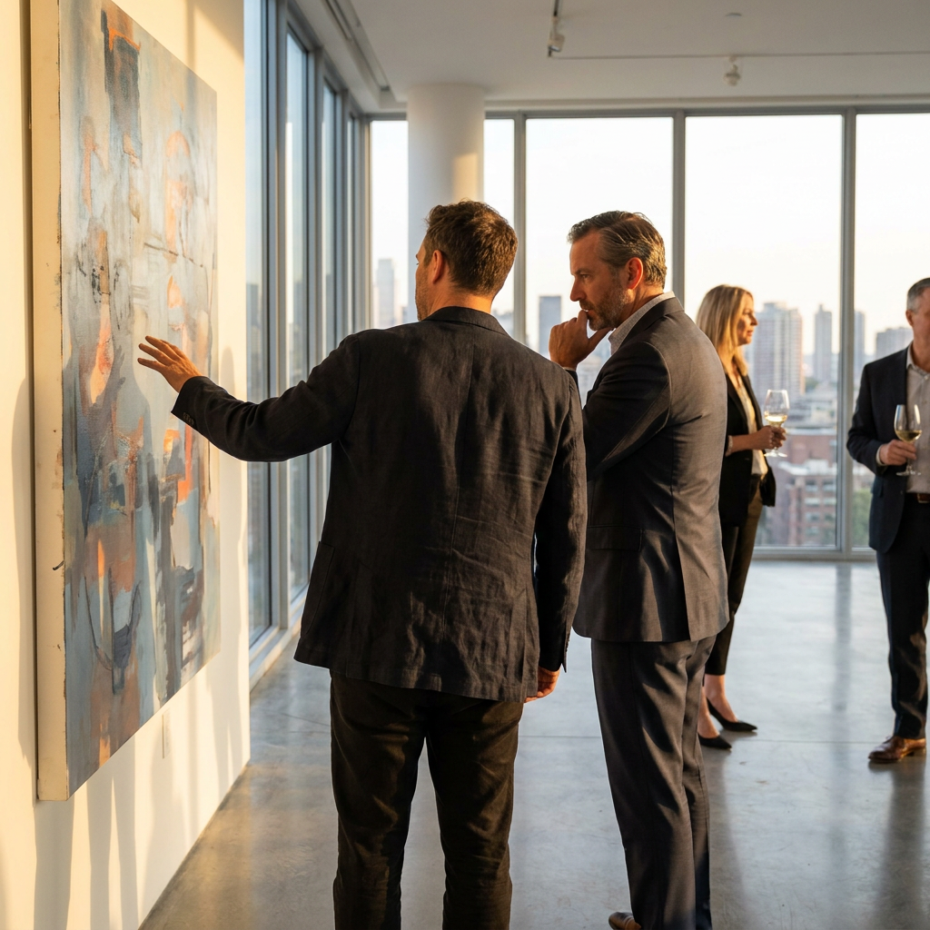 artist explaining story behind their work to a collector — emotional connection is why art sells 2026