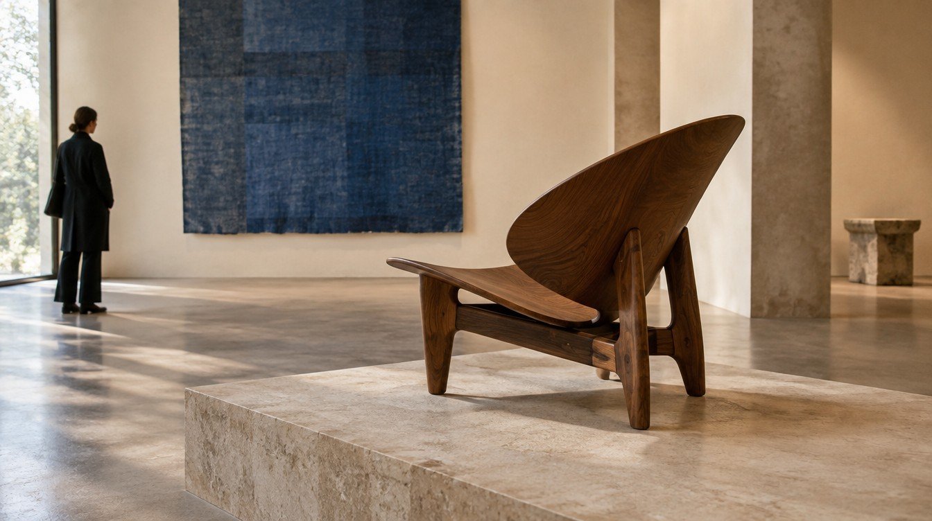Sculptural walnut lounge chair displayed in a quiet contemporary design gallery