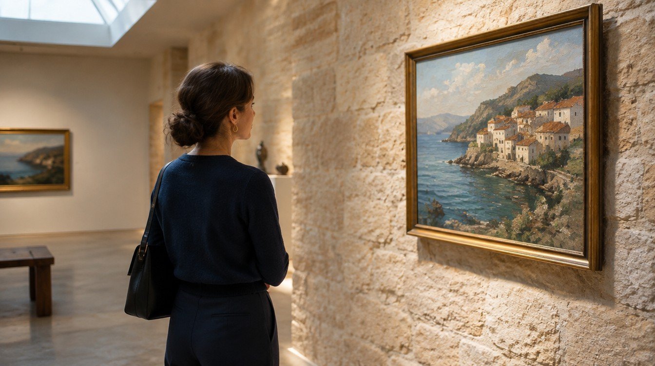 First-time buyer viewing a framed landscape painting in an intimate gallery