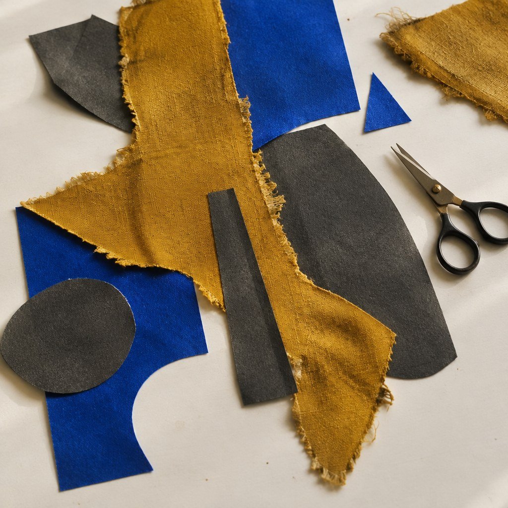 Invented collage study with ochre linen, cobalt paper and charcoal shapes