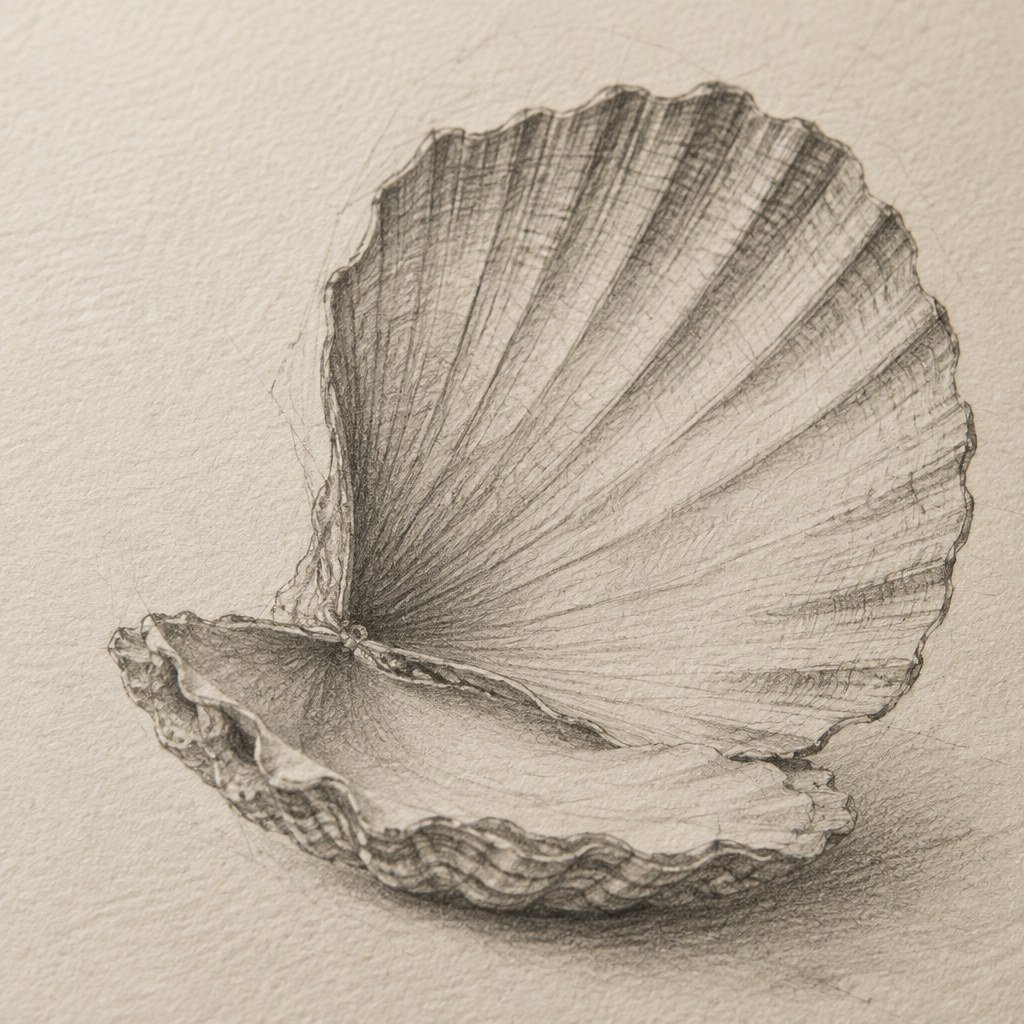 Graphite seashell drawing showing varied lines and the texture of the paper