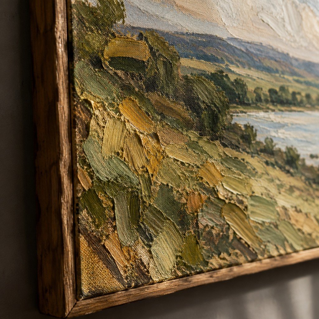 Close view of textured oil paint, linen canvas and a wooden frame