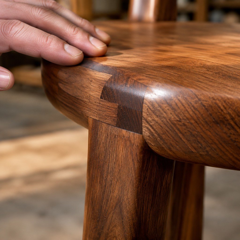 Close view of walnut grain and a carefully fitted joint in a handcrafted chair