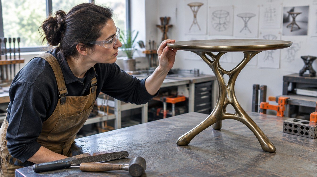 Craftsperson inspecting the surface of a bronze sculptural side table in a workshop