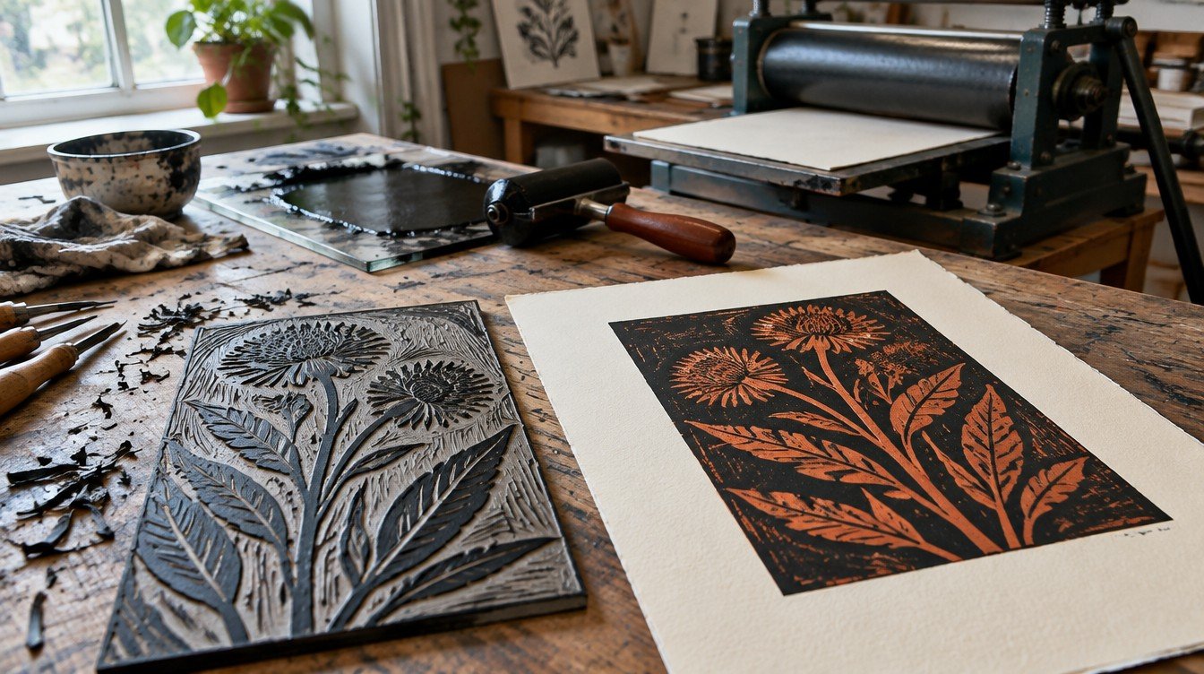 Botanical relief print beside its carved block and printmaking tools