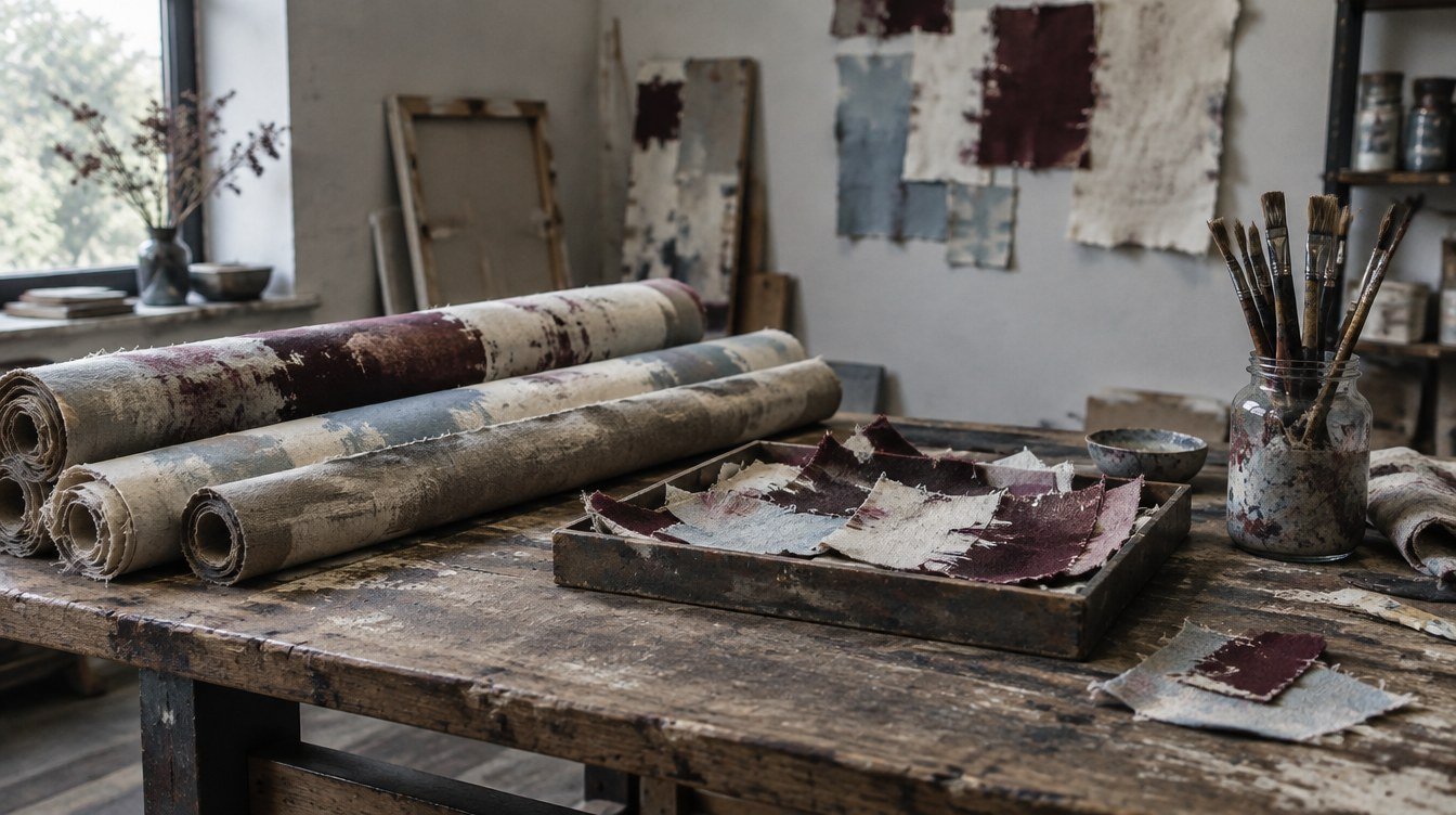 Rolled canvases and painted linen fragments on a contemporary studio workbench
