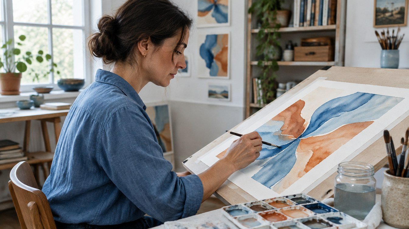 Artist painting blue and terracotta abstract shapes on paper in a bright studio