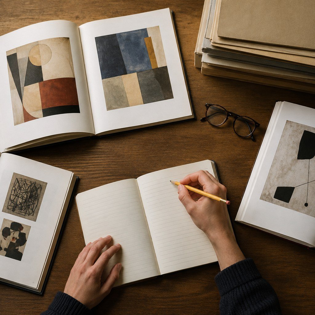 Researcher making notes beside imagined art reference books and archive folders