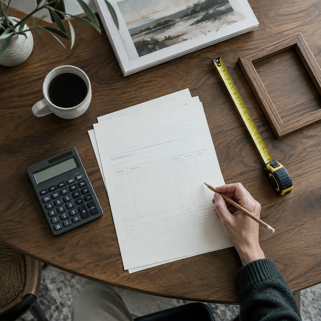 Calculator, measuring tape and paperwork for an artwork purchase