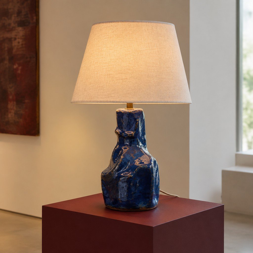 Cobalt blue ceramic table lamp with a cream shade on a burgundy pedestal