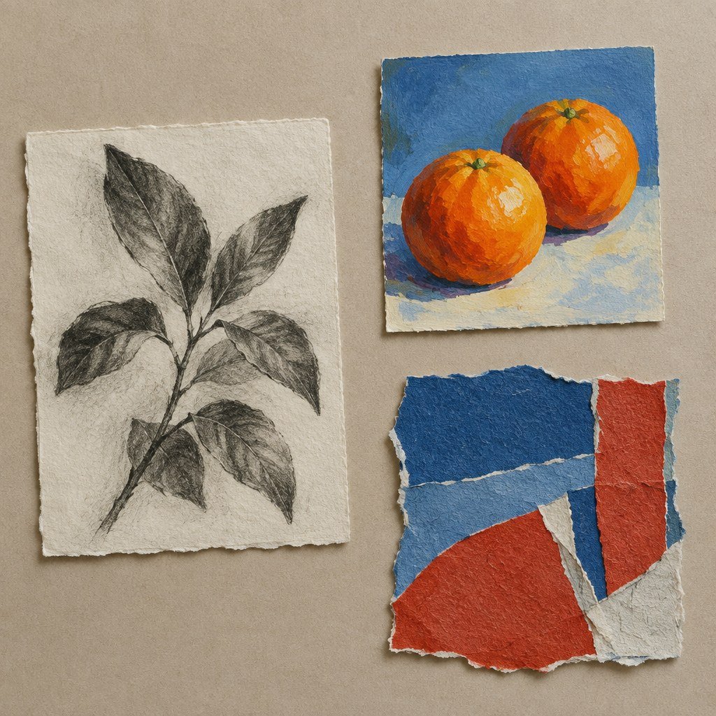 Charcoal leaf study, gouache orange still life and abstract collage arranged separately on a table