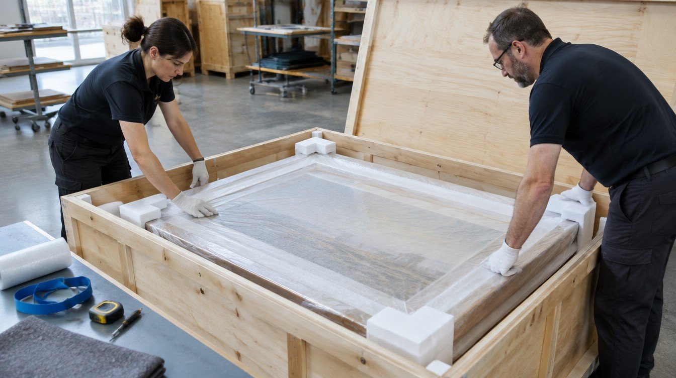 Art handlers securing a wrapped framed painting inside a protective crate
