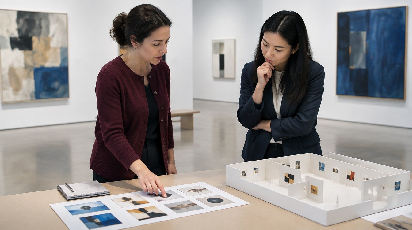Two fictional contemporary curators discussing an exhibition model and abstract artwork studies