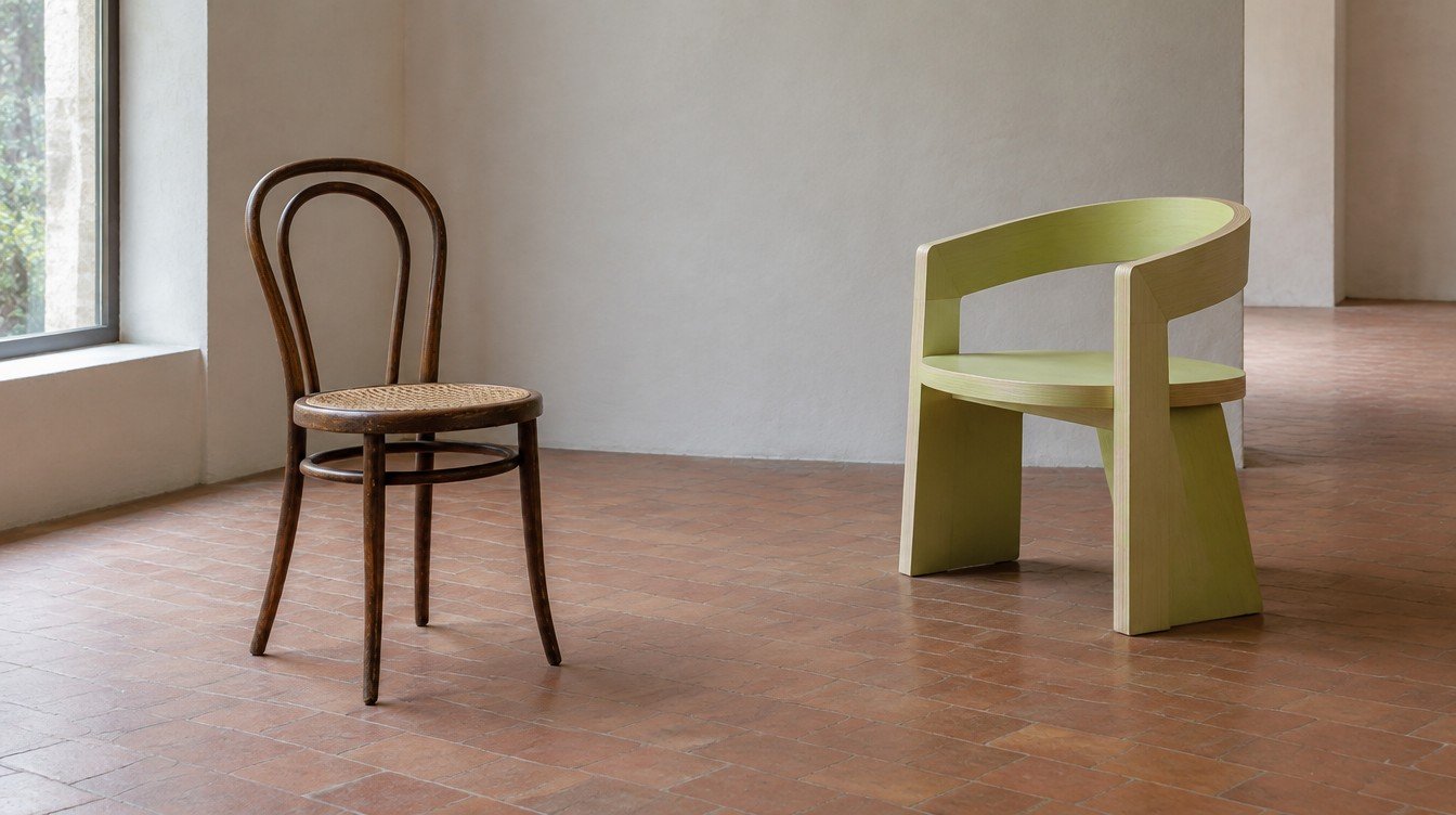 Two contrasting chairs displayed with generous space in a contemporary design gallery