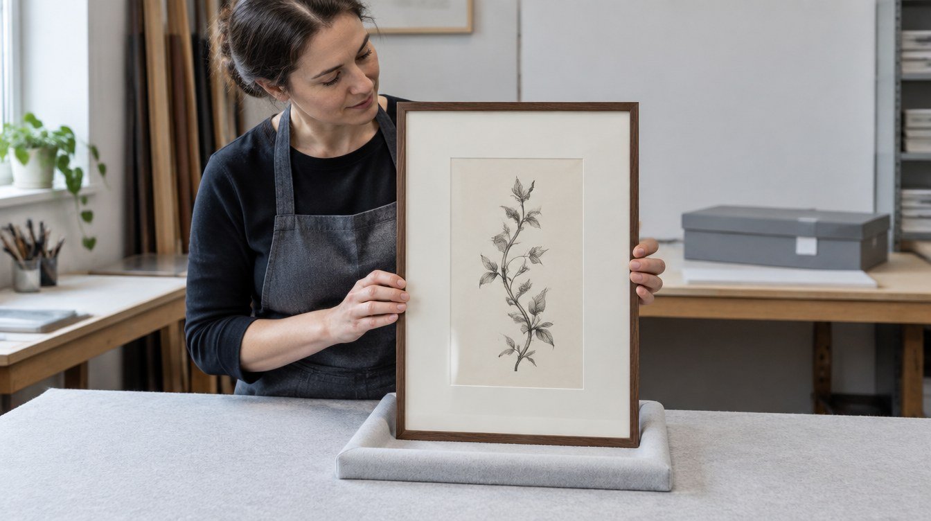 Picture framer holding a walnut frame with a plant drawing and a generous cream window mat