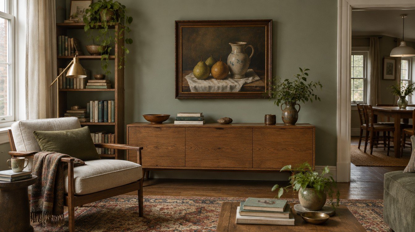 Framed still-life painting displayed above a console in a welcoming home