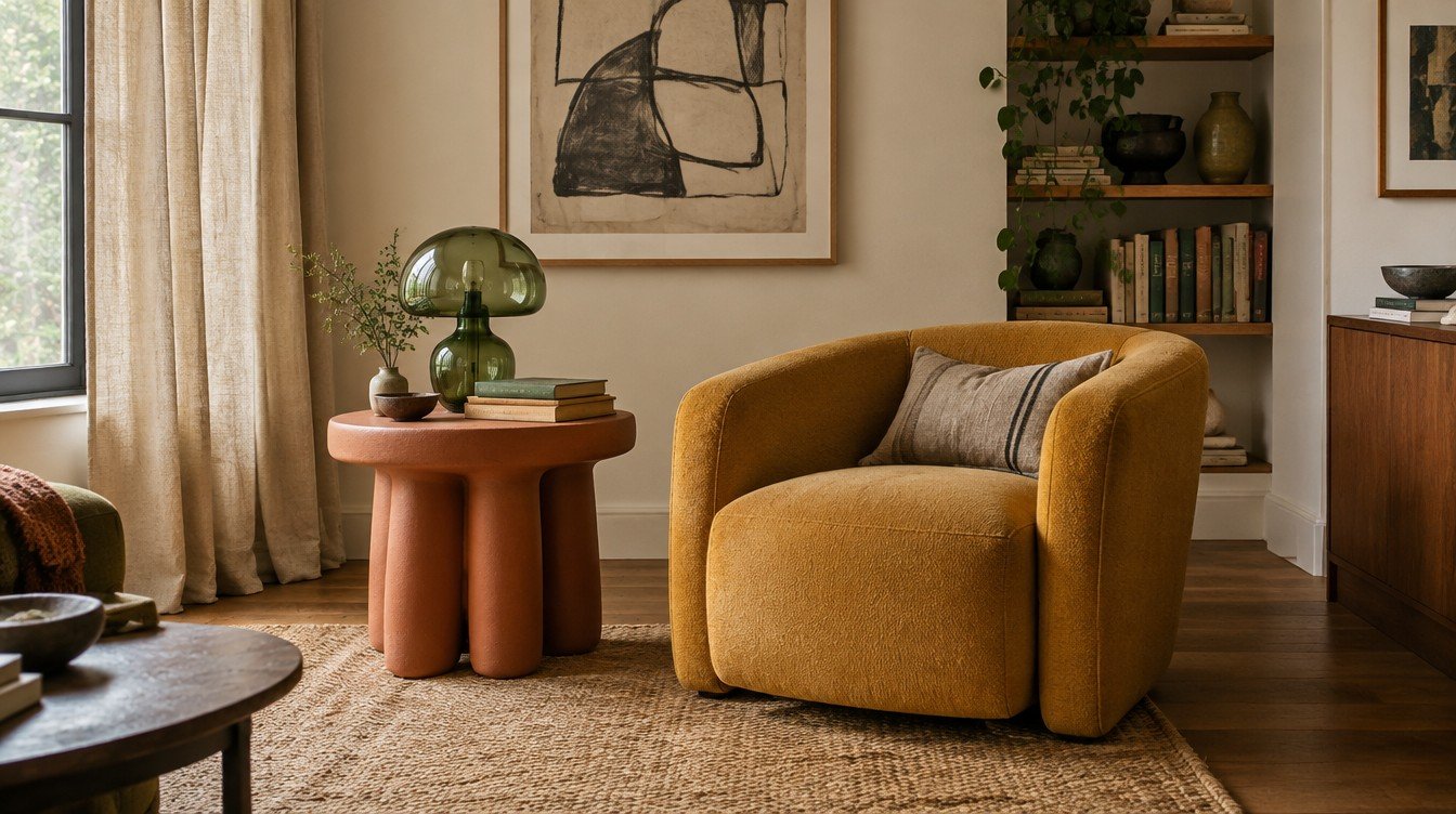 Terracotta side table, mustard chair and green glass lamp in a calm collector's living room