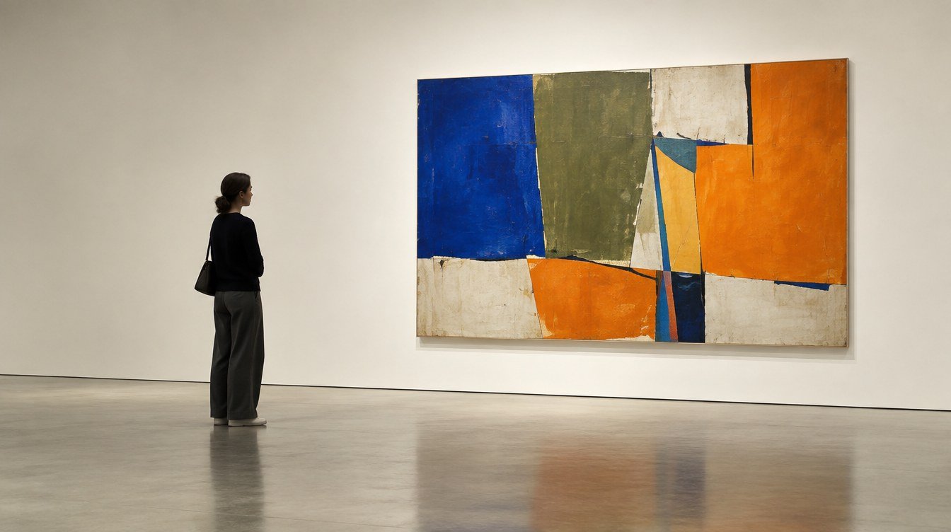 Visitor quietly studying an invented cobalt, olive and orange abstract painting in a fictional gallery