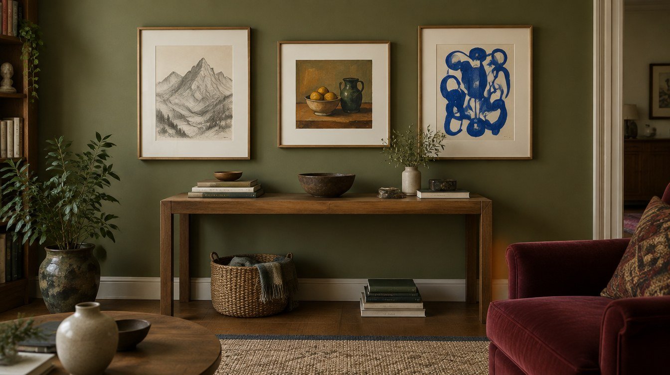Three framed works on paper displayed above an oak console against an olive green wall