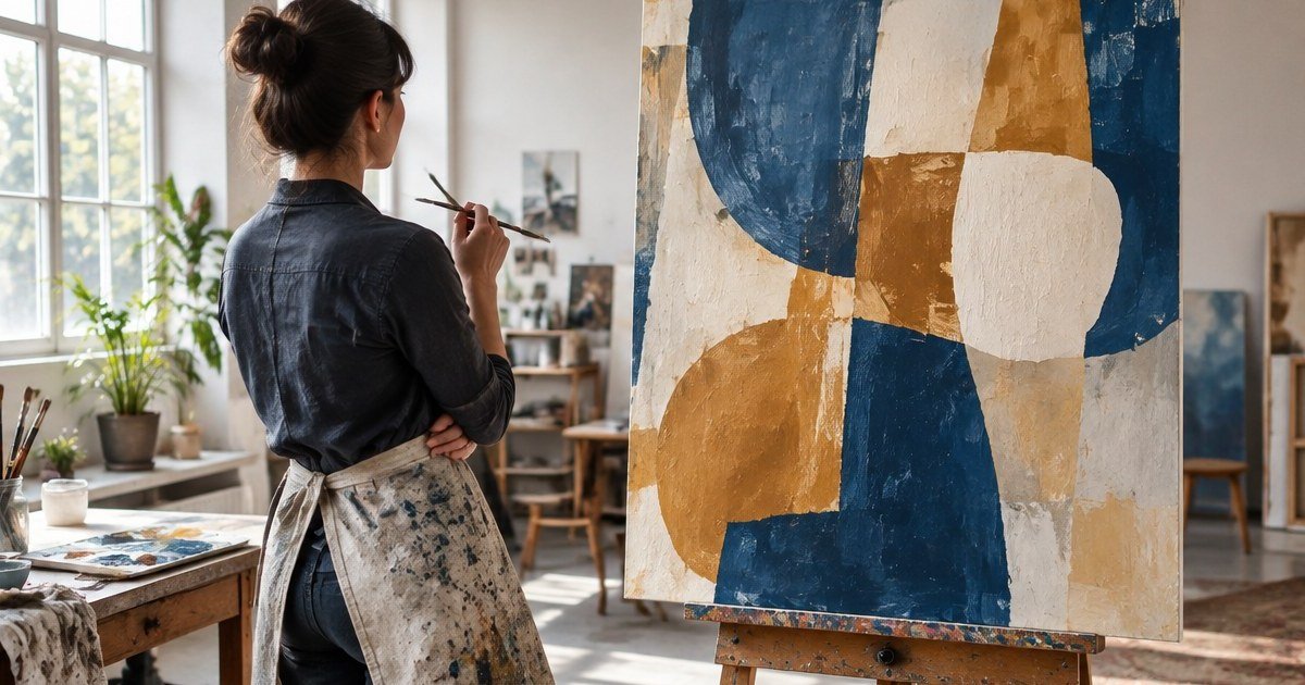 Contemporary woman painter considering an invented abstract canvas in a daylight studio