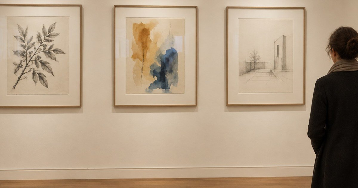Visitor viewing framed drawings and a watercolour in a softly lit gallery