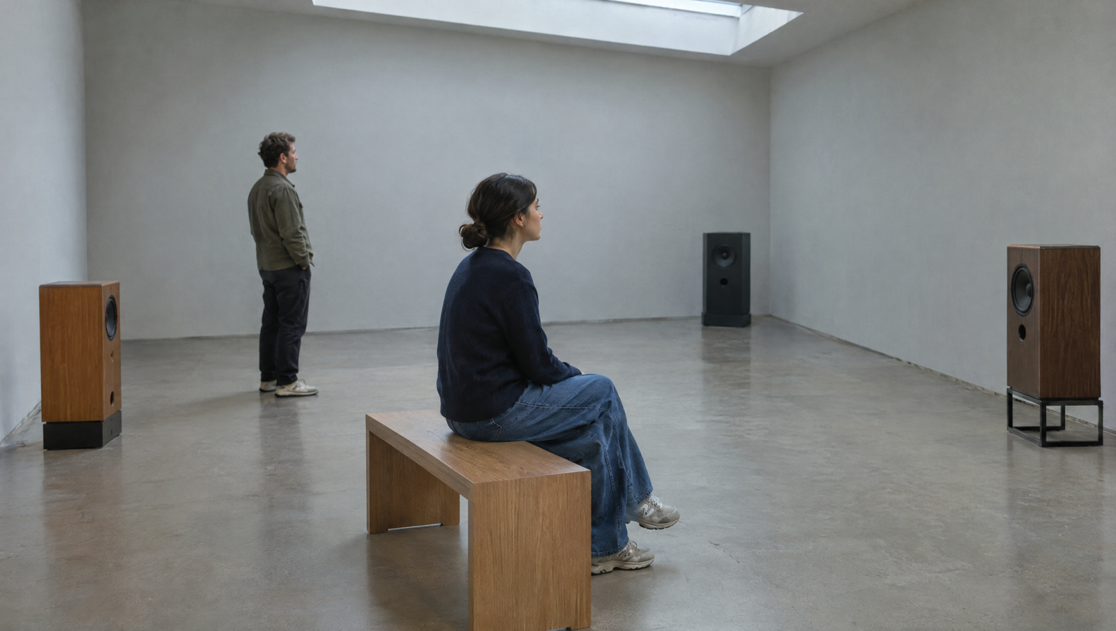 Two visitors quietly listening in a fictional sound art gallery with speakers and a bench