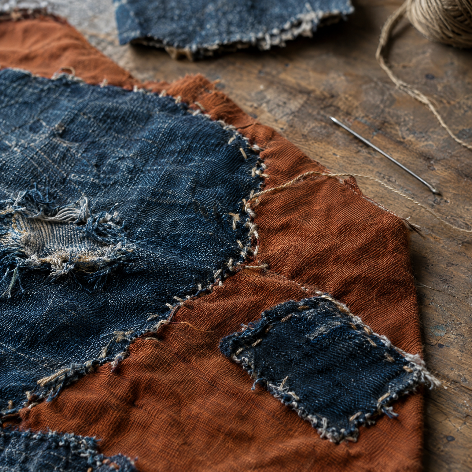 Worn indigo denim and rust cotton joined with visible irregular stitching in an invented material study