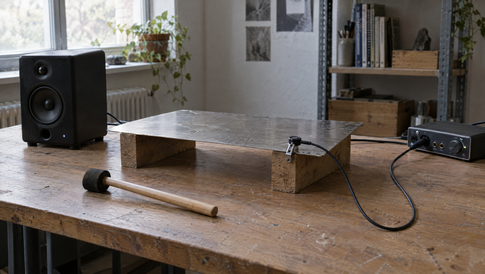 Invented sound art studio experiment with a contact microphone, metal sheet and small speaker