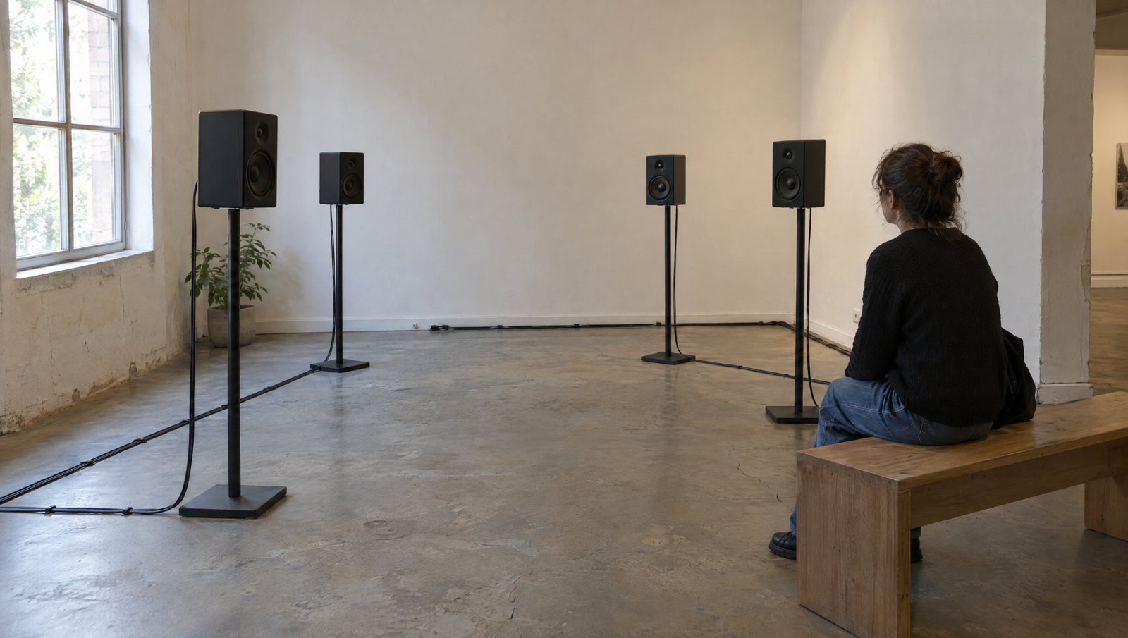 Fictional sound art installation with four loudspeakers and a seated listener in a daylight gallery