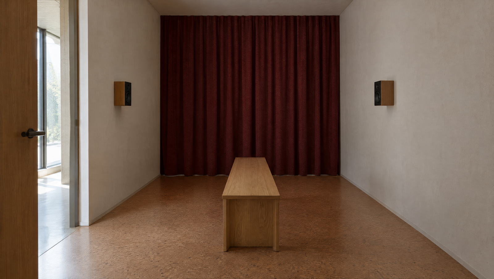Imagined listening room with two wall speakers, an oak bench and a burgundy acoustic curtain