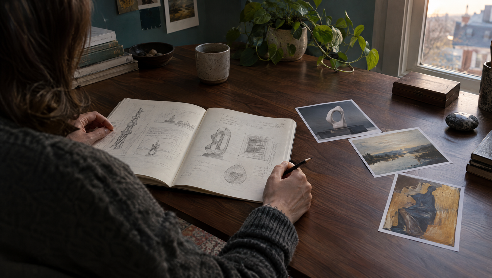 Reader reviewing sketches and invented artwork photographs beside a notebook at home
