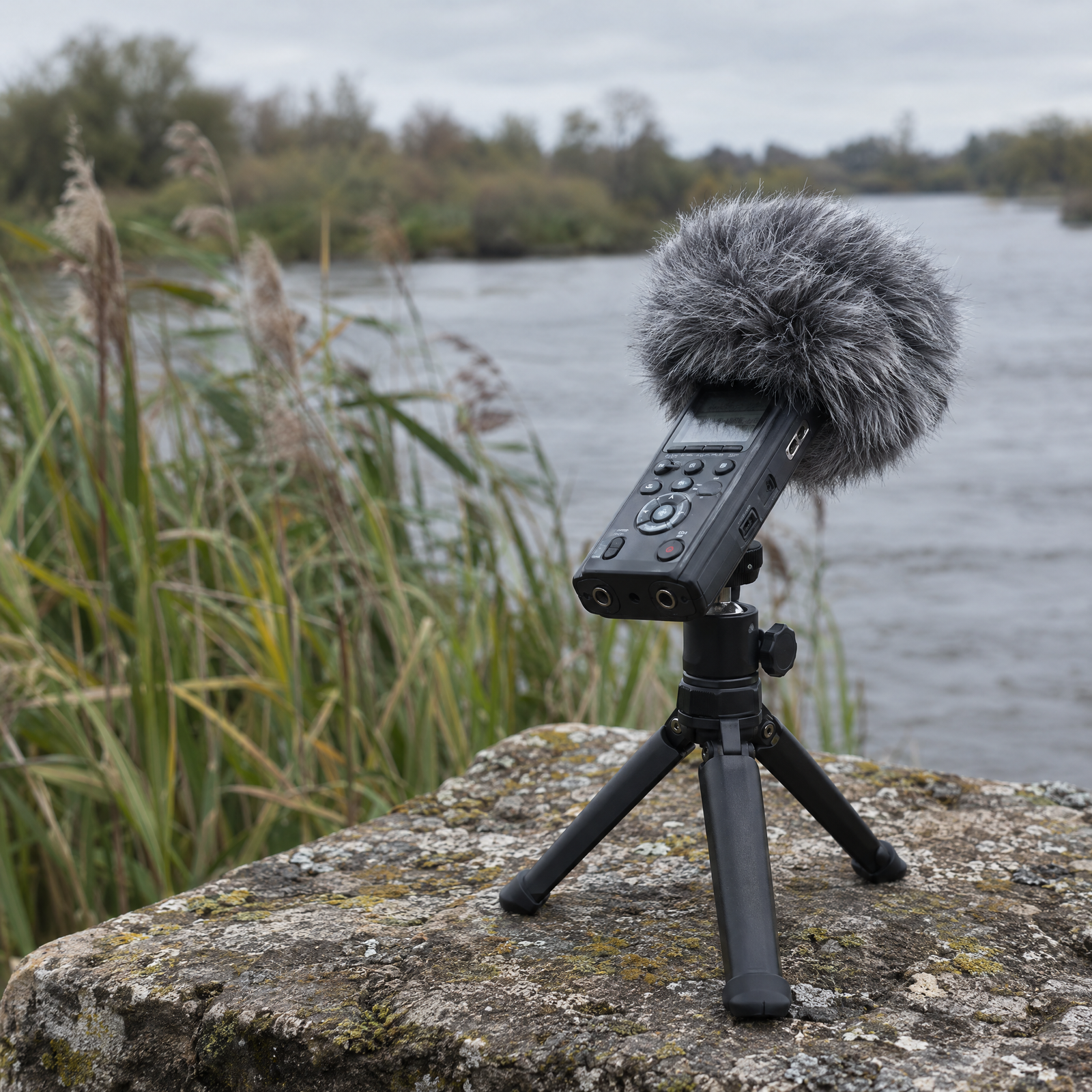 Stereo field recorder with a windscreen on a riverside ledge in an imagined recording scene