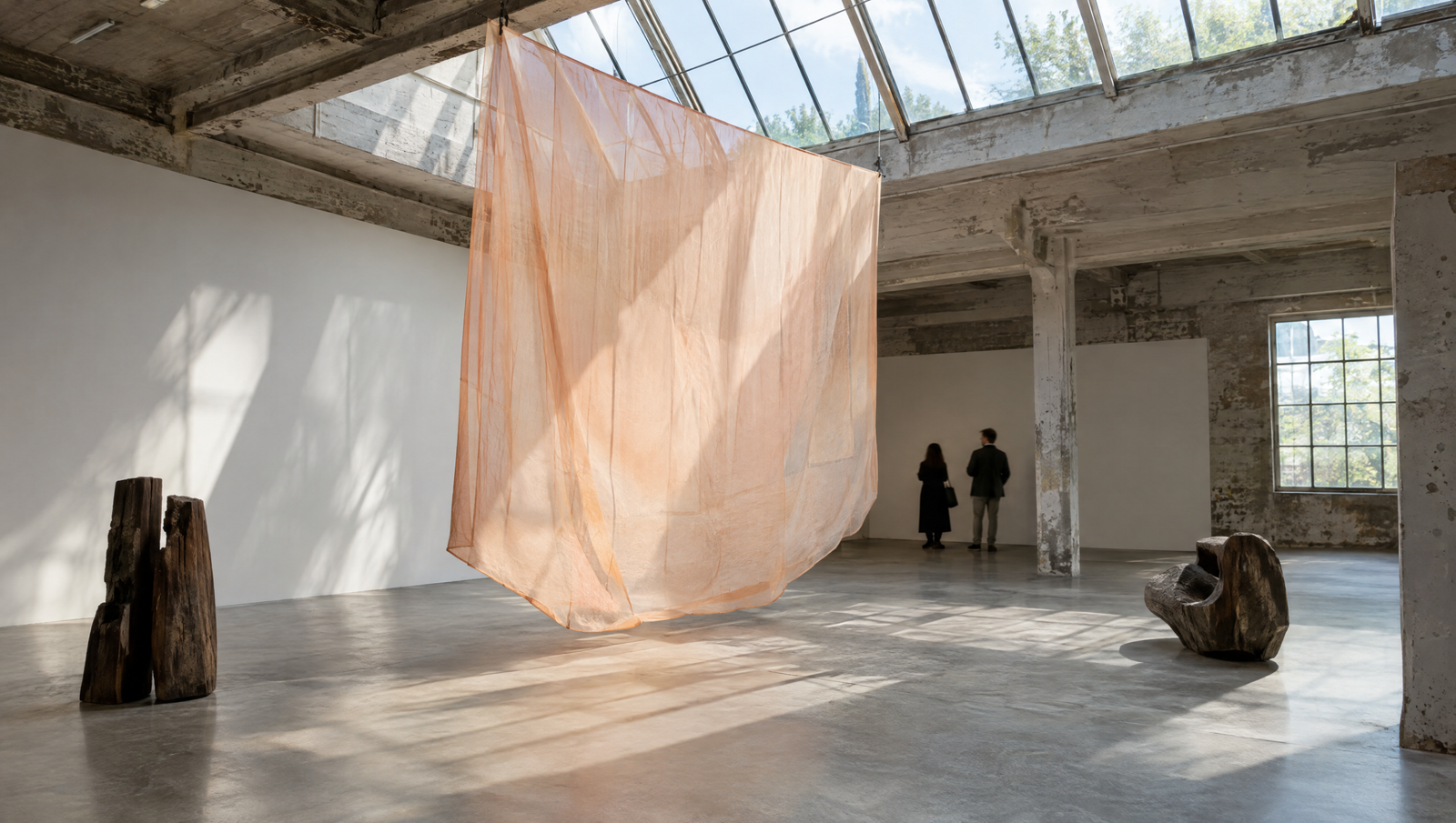 Invented artist-run exhibition with suspended peach fabric and reclaimed wood sculptures