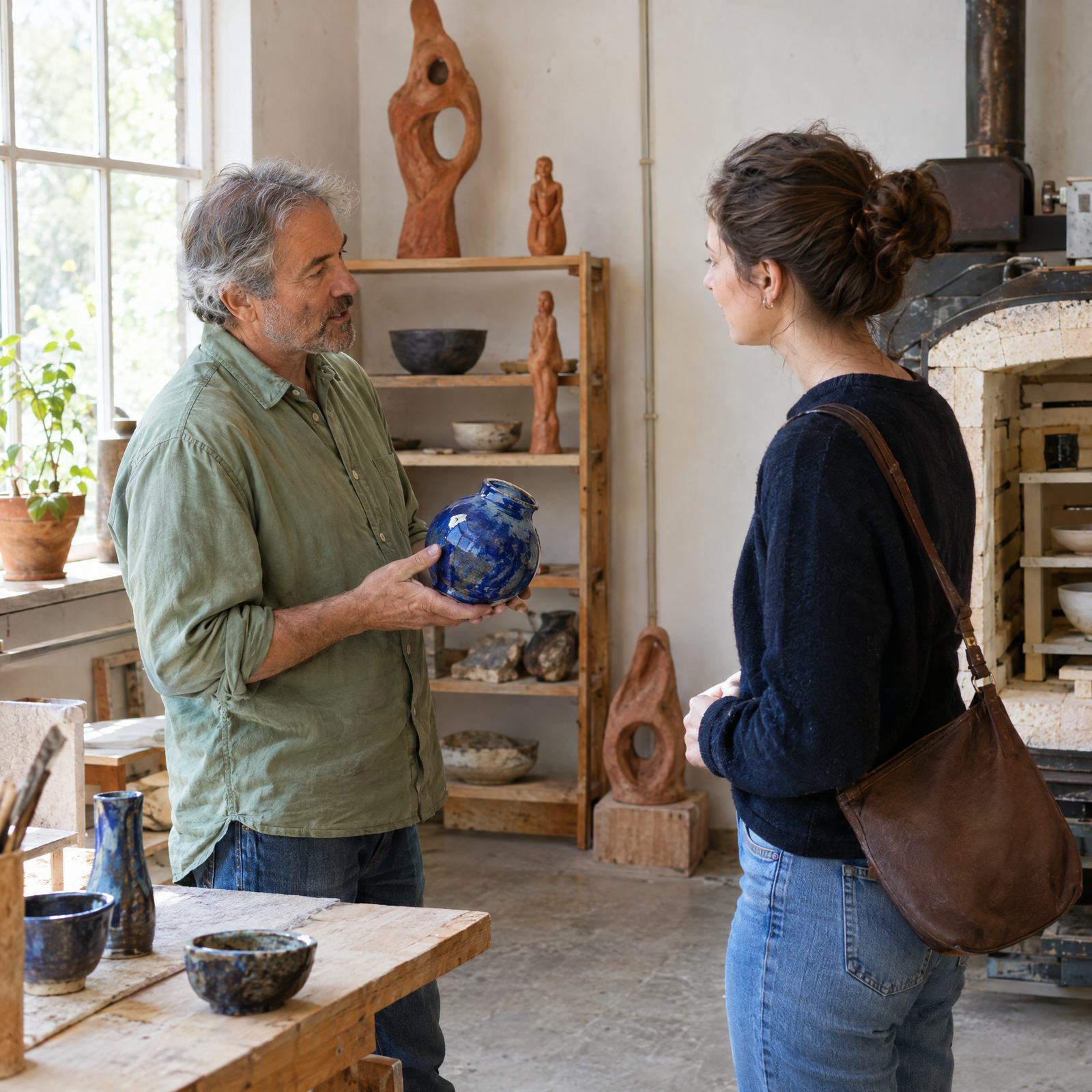 Fictional ceramic artist discussing a cobalt vessel with a visitor in an open studio