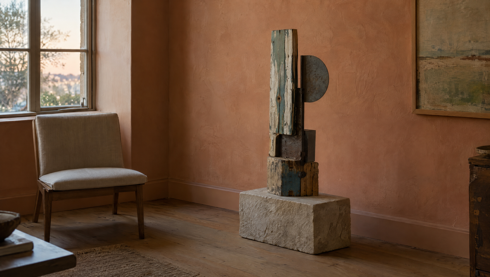 Invented reclaimed wood and metal assemblage on a low stone plinth in a quiet living room