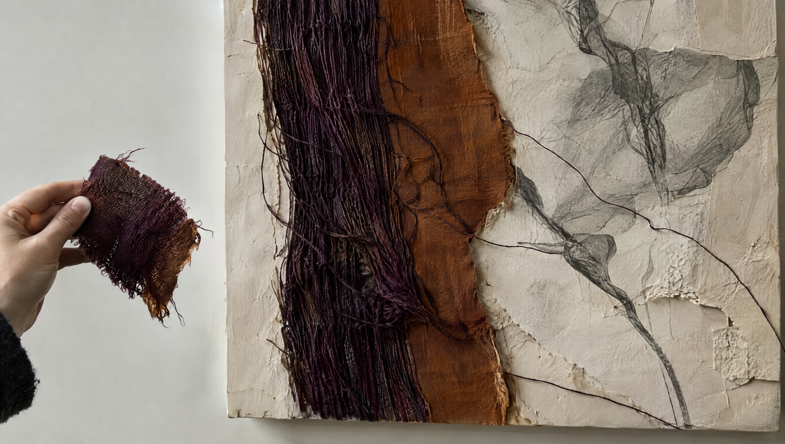 Invented mixed media surface combining plum thread, rust linen, plaster and graphite